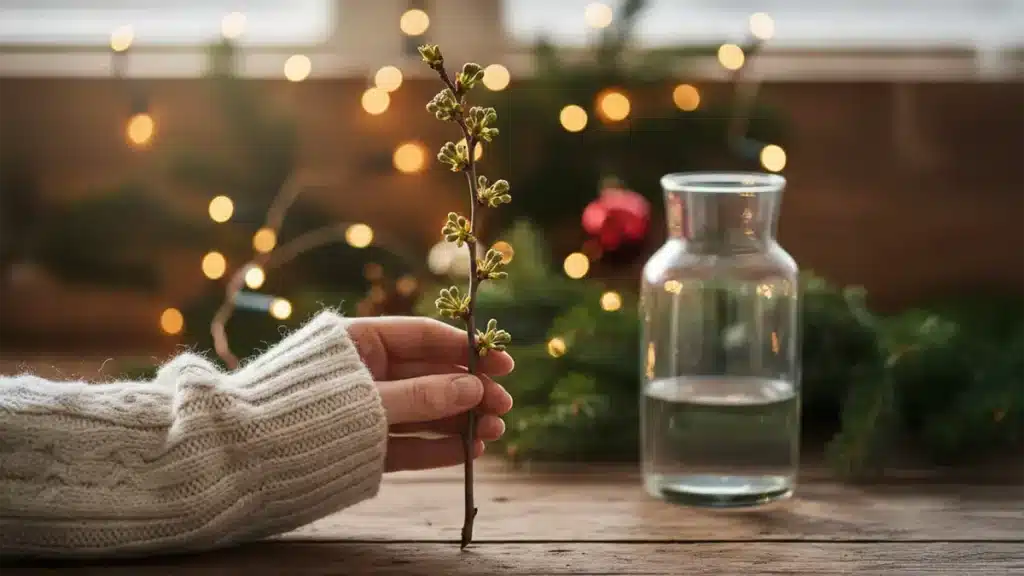 Hand hält einen Barbarazweig mit Knospen vor weihnachtlicher Lichterdekoration auf Holztisch