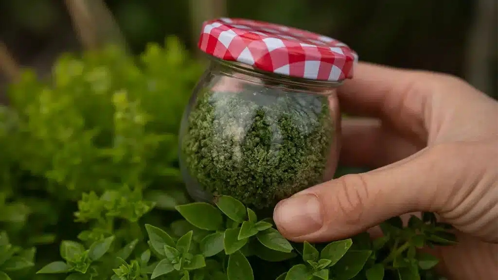 Glas mit selbstgemachtem Basilikum-Salz im Garten – das einfache Rezept für frisches Sommeraroma