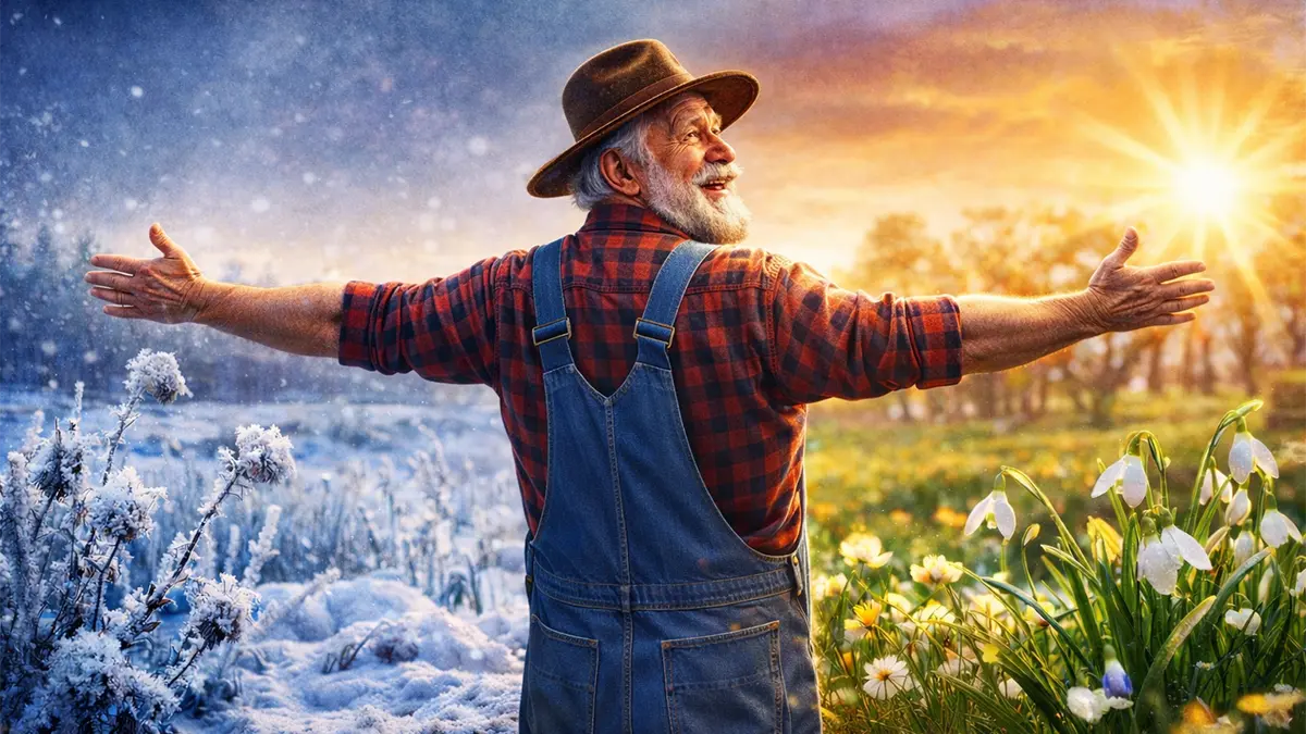 Älterer Bauer steht mit ausgebreiteten Armen zwischen kaltem Februar mit Frost und warmem März mit Sonne.