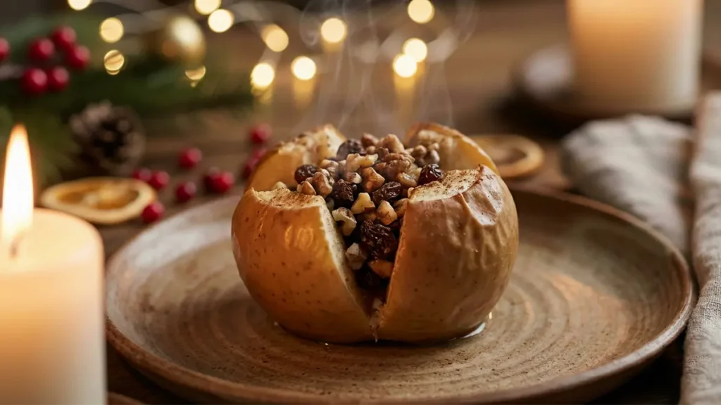 Bratapfel an Weihnachten mit Nüssen und Zimt bei Kerzenlicht
