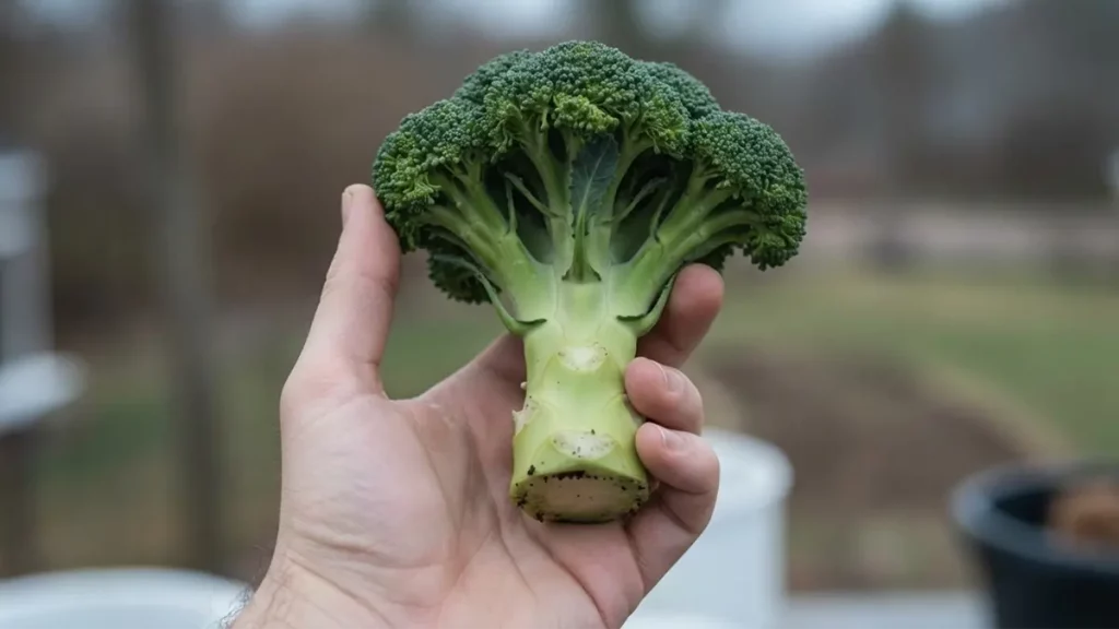 Hand hält frischen grünen Brokkoli im Dezember vor winterlichem Hintergrund