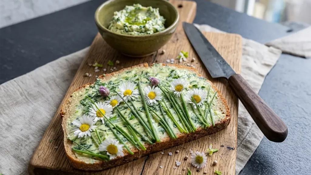 Brot mit Bärlauchbutter, Schnittlauch und Gänseblümchen Blüten im April