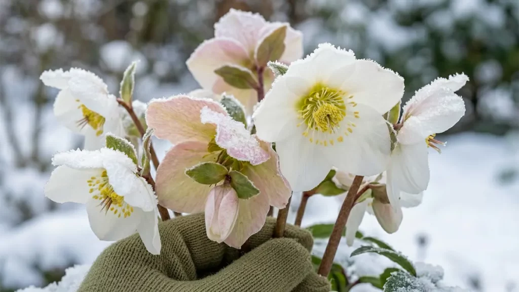 Christrose im Dezember mit weißen Blüten im Schnee, wichtiger Frühblüher für Bienen und Hummeln