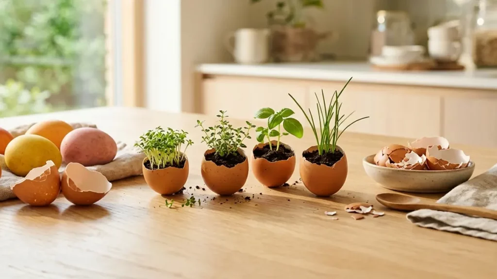 Eierschalen mit kleinen Keimlingen bepflanzt auf einem hellen Küchentisch im Frühling – nachhaltige Verwendung zu Ostern