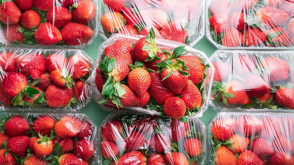 In Plastik eingepackte Erdbeeren