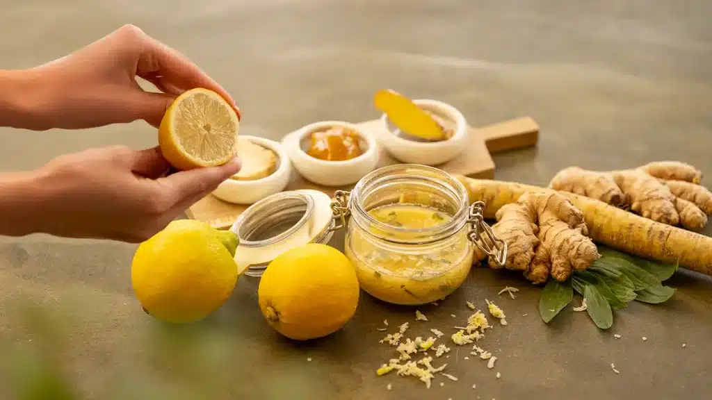 Frischer Erkältungshonig mit Zitrone, Ingwer und Honig im Glas – natürliches Hausmittel für den Winter.