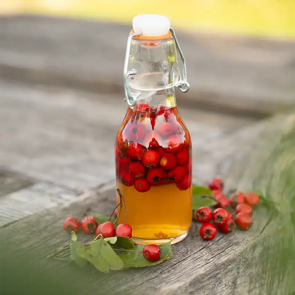 Flasche mit selbstgemachtem Weißdorn-Essig und roten Beeren auf rustikalem Holztisch