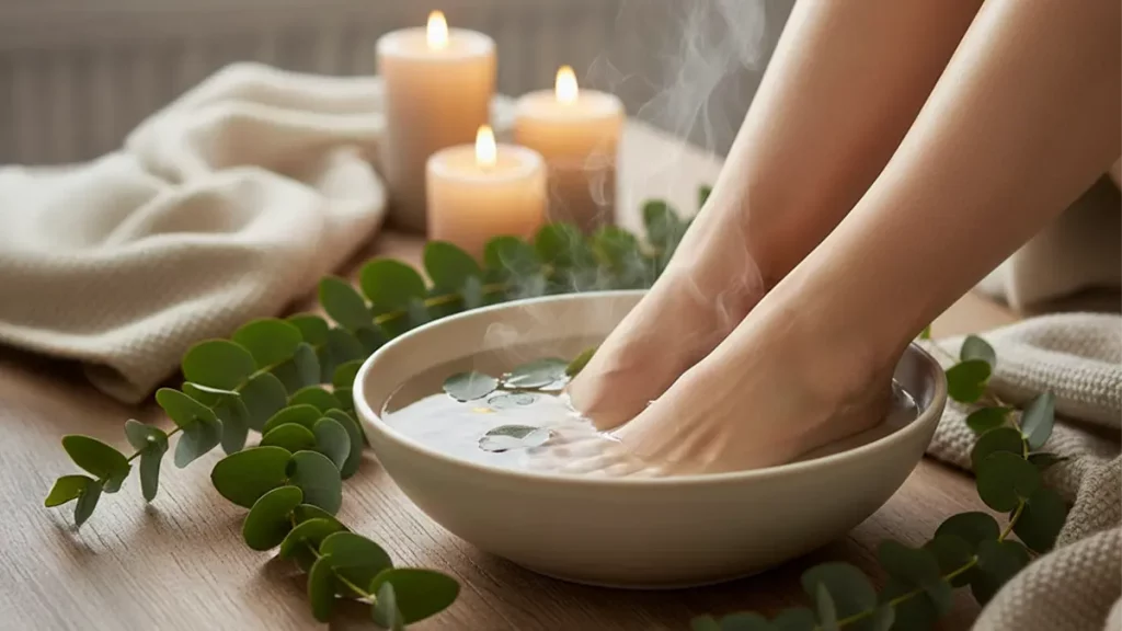 Wärmendes Eukalyptus-Fußbad mit frischen Eukalyptusblättern an einem winterlichen Tag