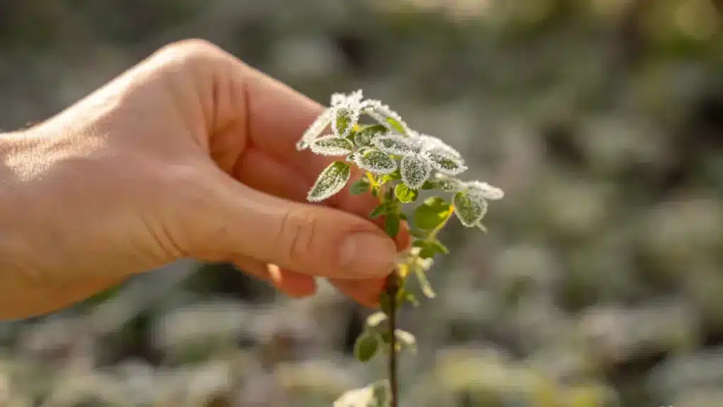 Hand hält eine leicht angefrorene Gartenpflanze im Spätherbst – Beispiel für Pflanzen, die bei Frostnächten Schutz brauchen.