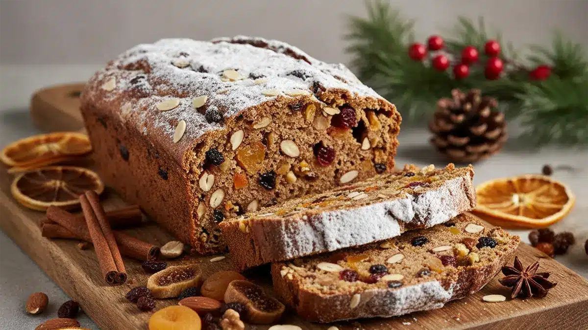 Saftiges winterliches Früchtebrot ohne Zucker auf einem Holzbrett umgeben von Orangen, Nüssen und winterlicher Deko.