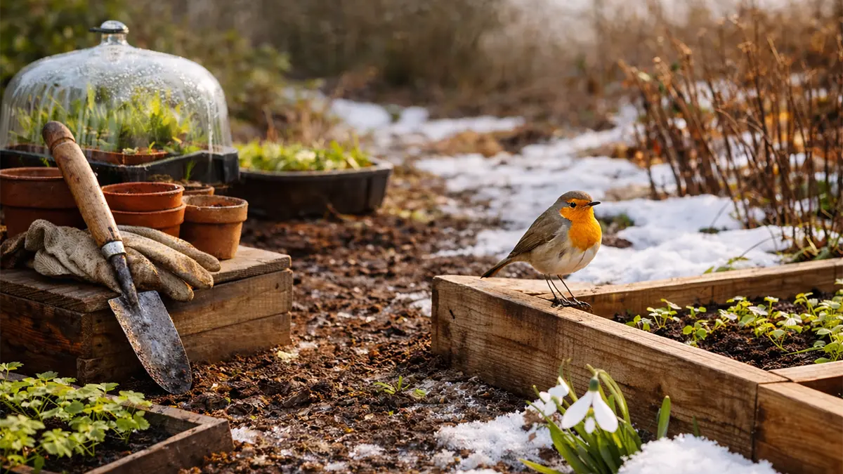 Spätwinterlicher Garten im Februar mit Hochbeet, ersten Keimlingen und einem Rotkehlchen auf dem Holzrand