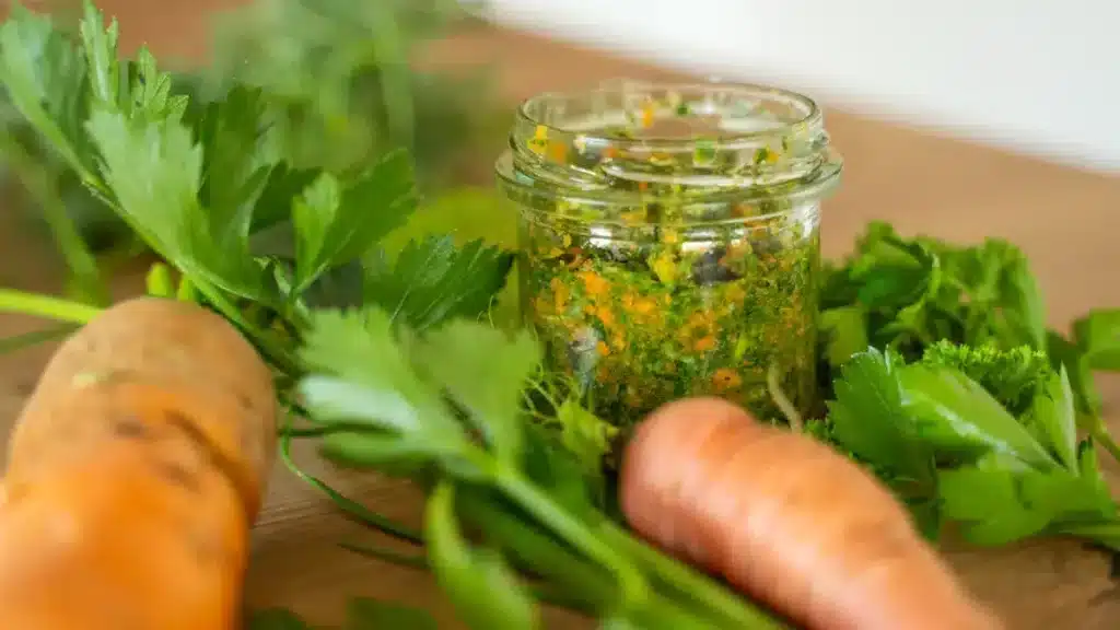 Selbstgemachte Gemüsepaste aus frischer September-Ernte im Glas mit Karotten und Petersilie
