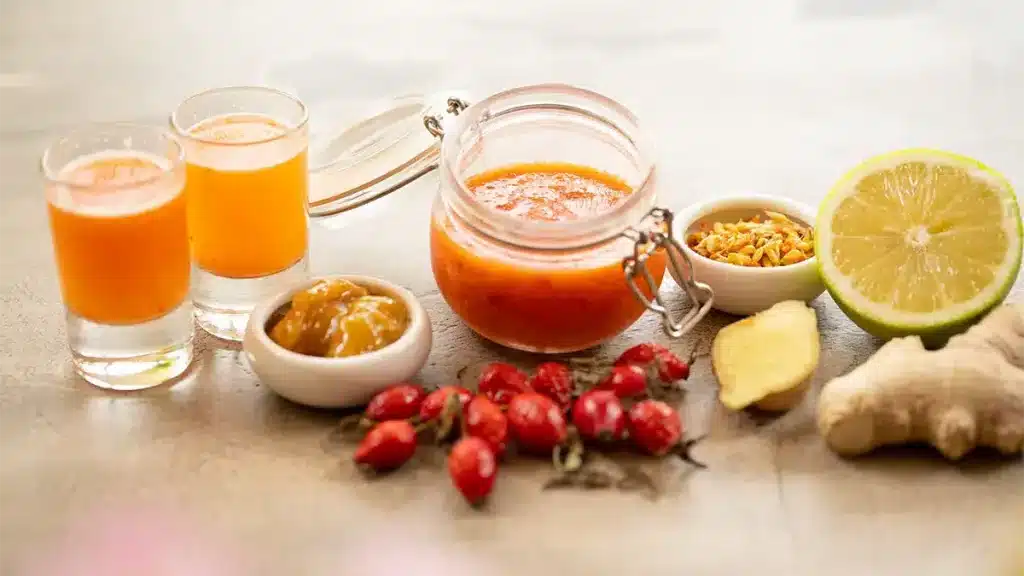 Herbstlicher Drink mit Hagebutten, frischem Ingwer, Zitrone und Honig – wärmend und fruchtig für kühle Oktobertage