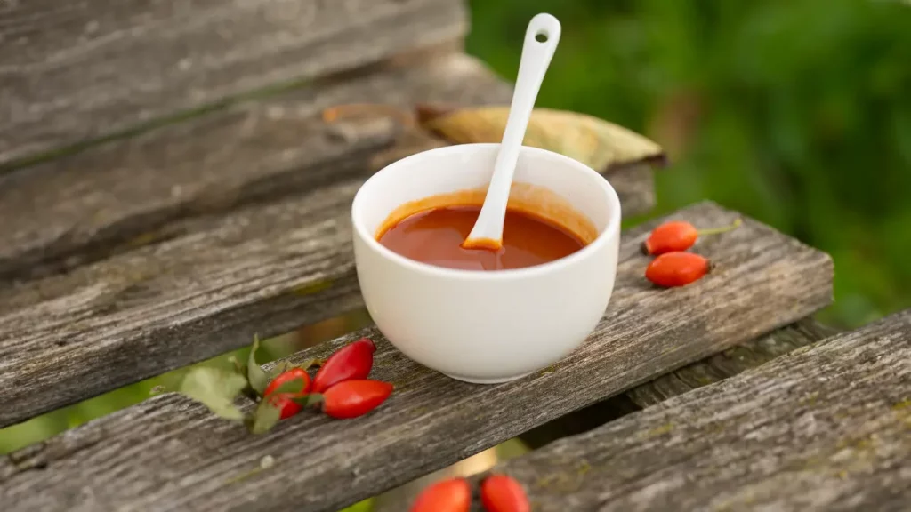 Hausgemachter Hagebuttenketchup in einer weißen Schale – herbstliches Rezept mit frischen Hagebutten