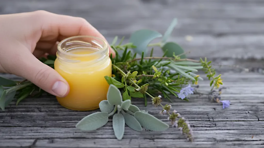 Hand hält selbst gemachten gelben Kräuterbalsam im Glas, daneben frische Winterkräuter auf Holzuntergrund
