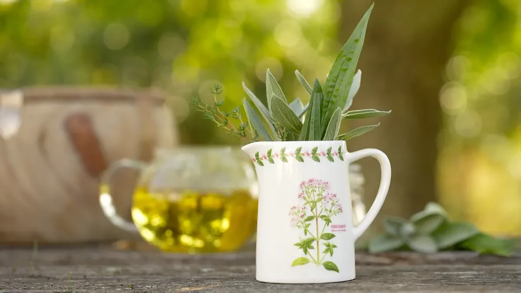 Warmer Kräutertee in einer Tasse mit frischen Heilpflanzen im Garten – natürliche Hilfe bei Halsschmerzen