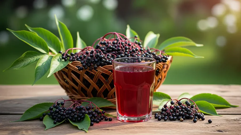 Holunderbeerensaft im Garten: Ein Glas frisch gepresster Saft neben einem Korb mit reifen Holunderbeeren – perfekt für den August.