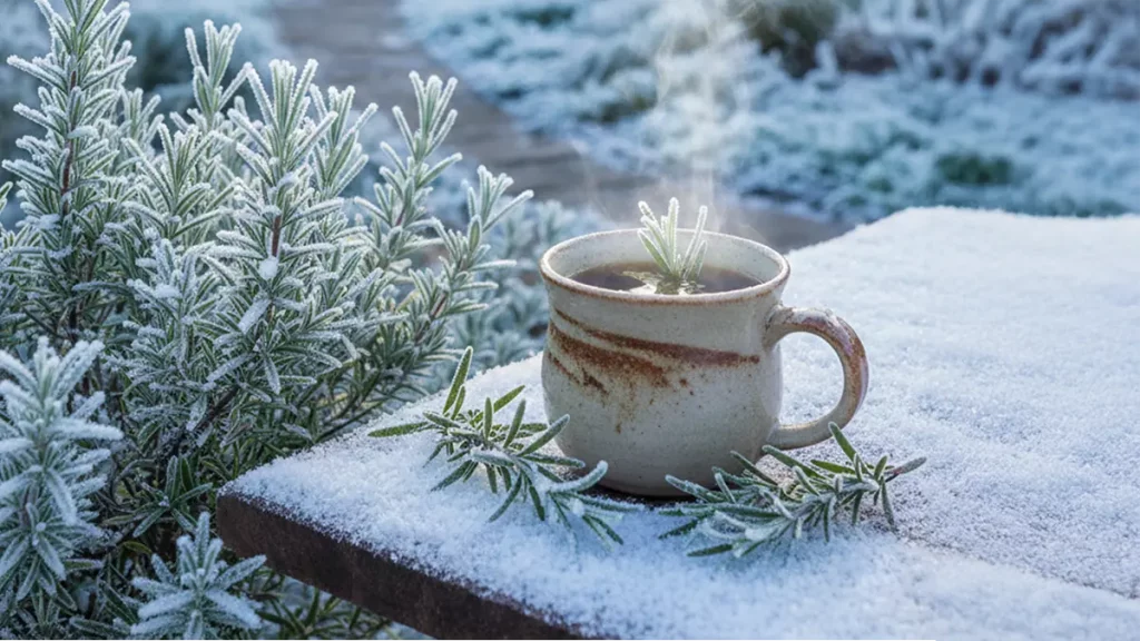 Rosmarin-Tee als Kaffeeersatz im Winter – dampfende Tasse im frostigen Garten