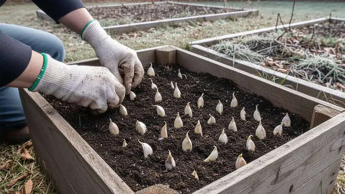 Knoblauchzehen werden im Dezember in ein Hochbeet gepflanzt – Winterpflanzung für große Knoblauchknollen.