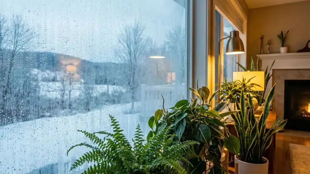 Kondenswasser am Fenster im Winter mit Tropfen auf der Scheibe, draußen verschneite Landschaft, drinnen mehrere Zimmerpflanzen vor dem warmen Innenraum.