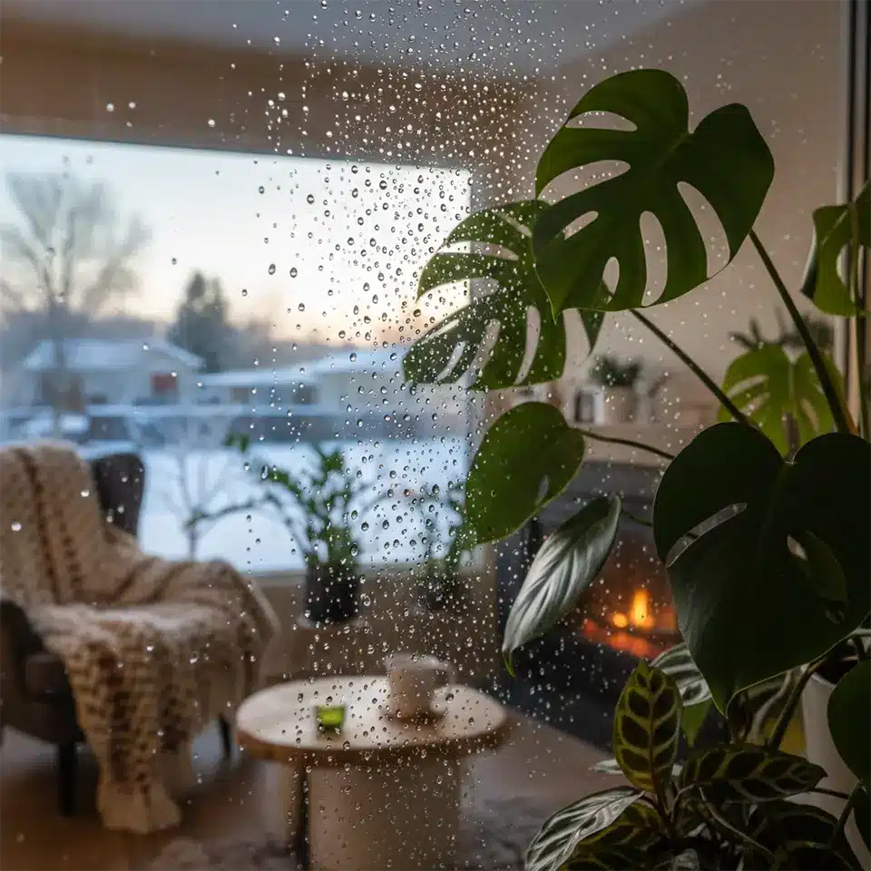 Kondenswasser an der Scheibe im Winter