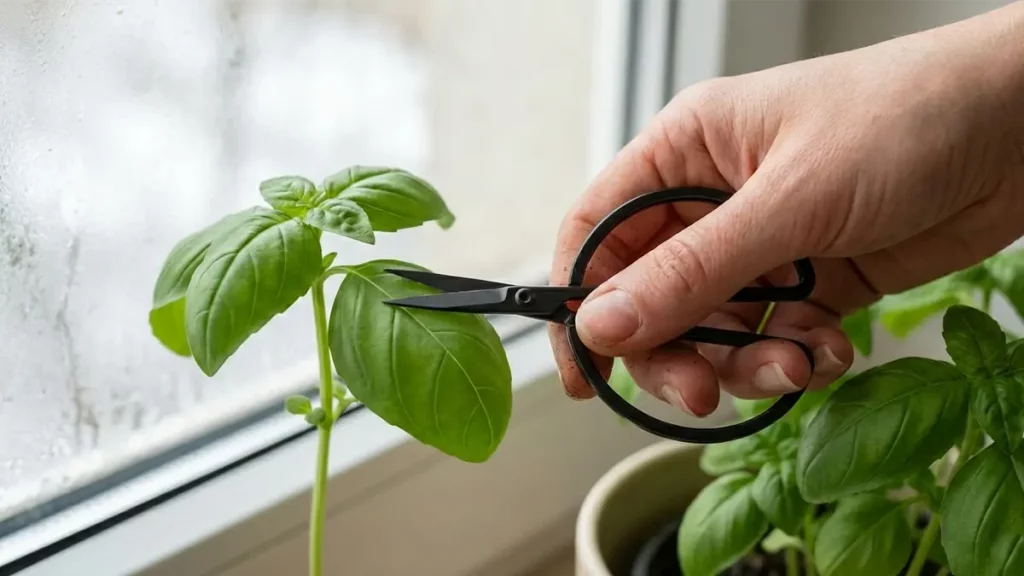 Hand schneidet frischen Basilikum im Topf auf der Fensterbank im Winter