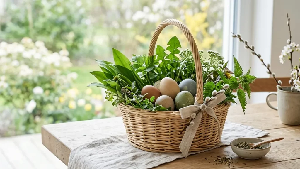 Osterkorb mit frischen Wildkräutern wie Bärlauch, Giersch und Löwenzahn sowie natürlich gefärbten Ostereiern auf einem hellen Tisch im Frühlingslicht