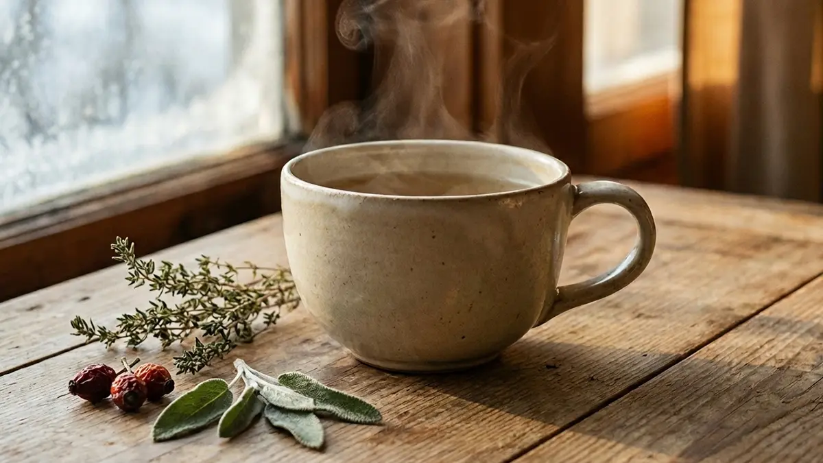 Dampfender Kräutertee in einer Keramiktasse auf Holztisch mit getrockneten Winterkräutern im Januar