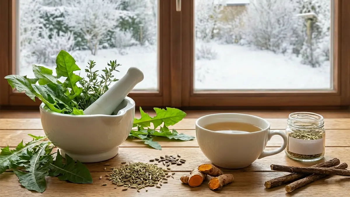 Verschiedene Heilkräuter wie Löwenzahn, Kurkuma und Fenchelsamen zur Leberentgiftung auf einem Holztisch vor einem verschneiten Fenster im Januar.