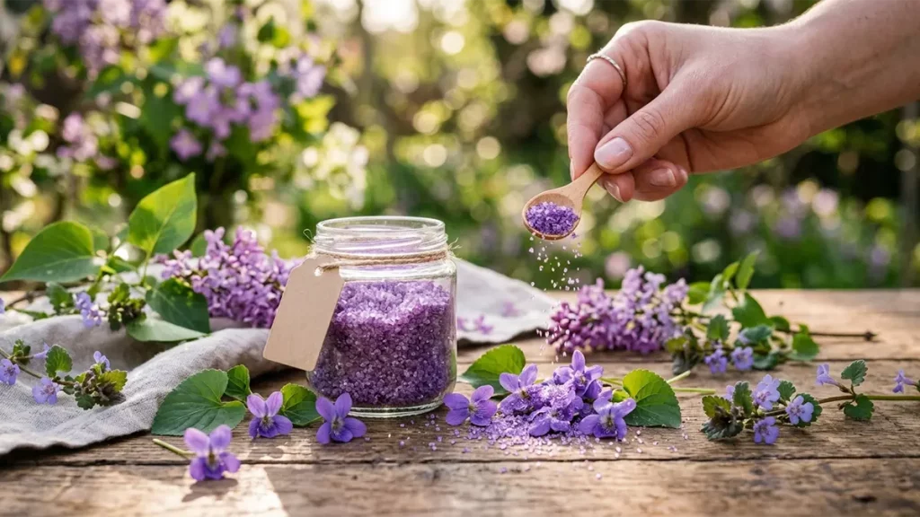 Lila Blütenzucker aus Veilchen und Gundermann – handgemacht im Glas mit frischen Frühlingsblüten auf Holztisch