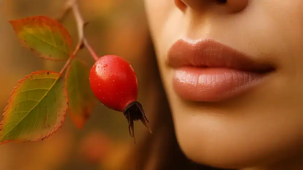 Natürliche Lippenpflege mit Hagebuttenöl im November – schützt vor trockenen, spröden Lippen und pflegt sie geschmeidig.