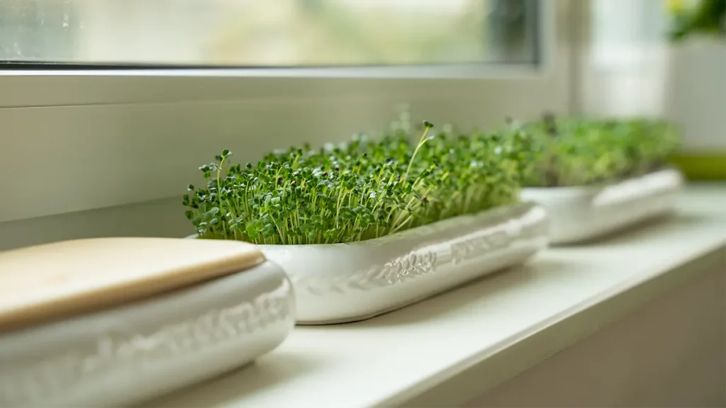 Frische Brokkoli- und Kresse-Microgreens in weißer Keramikschale auf der Fensterbank für die schnelle 7-Tage-Ernte im Winter.