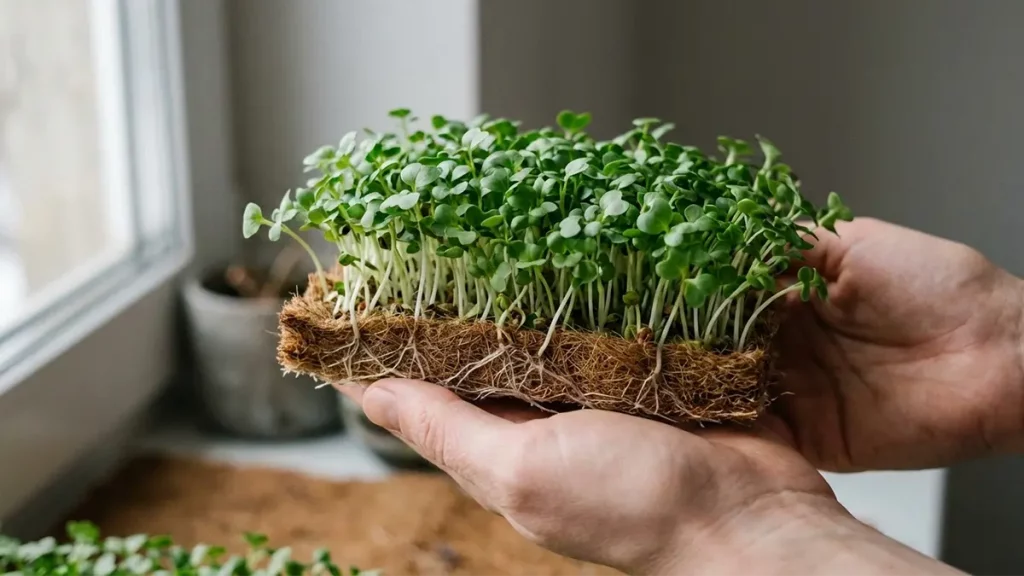 Frische Microgreens auf Naturfaservlies auf der Fensterbank im Dezember