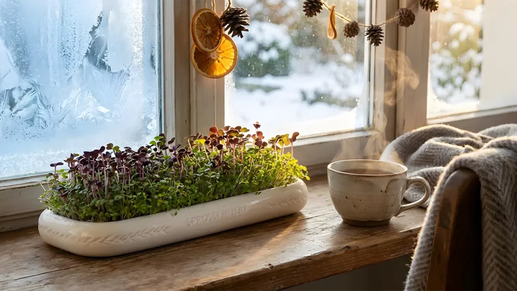 Frischer Mini-Wintergarten auf der Fensterbank: Microgreens in einer handgefertigten Keramikschale vor einem frostigen Winterfenster mit warmem Morgenlicht.