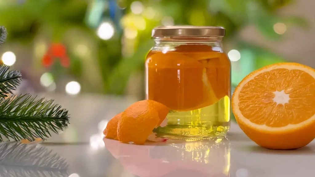 Hausgemachter Zitrusreiniger aus Orangenschalen im Glas, umgeben von frischen Orangenscheiben und winterlicher Dekoration