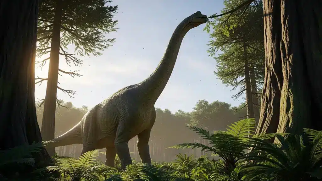 Ein Dinosaurier steht inmitten urzeitlicher Pflanzenlandschaft – Farnen, Ginkgo und Schachtelhalmen im warmen Morgenlicht.