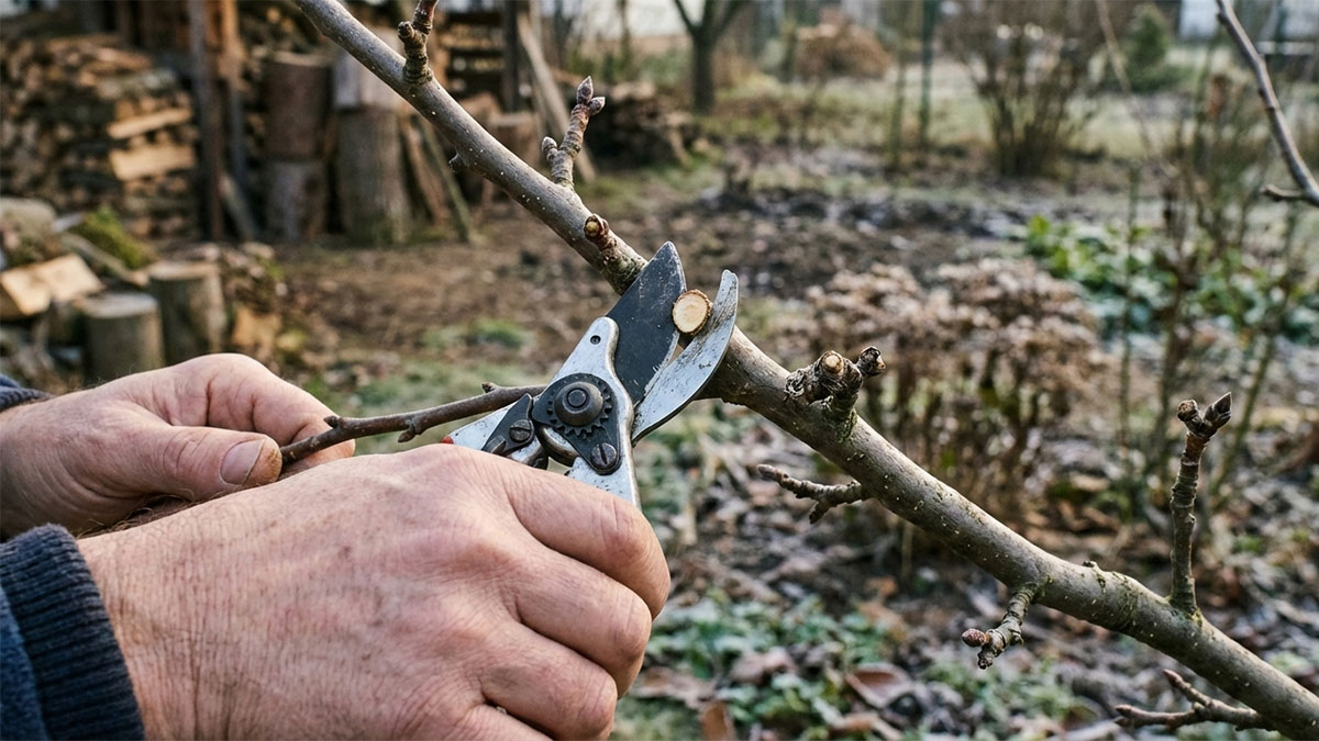 Hände schneiden im Februar mit einer Gartenschere einen kahlen Zweig im naturnahen Garten – richtiger Rückschnitt für gesunde Pflanzen im Frühling