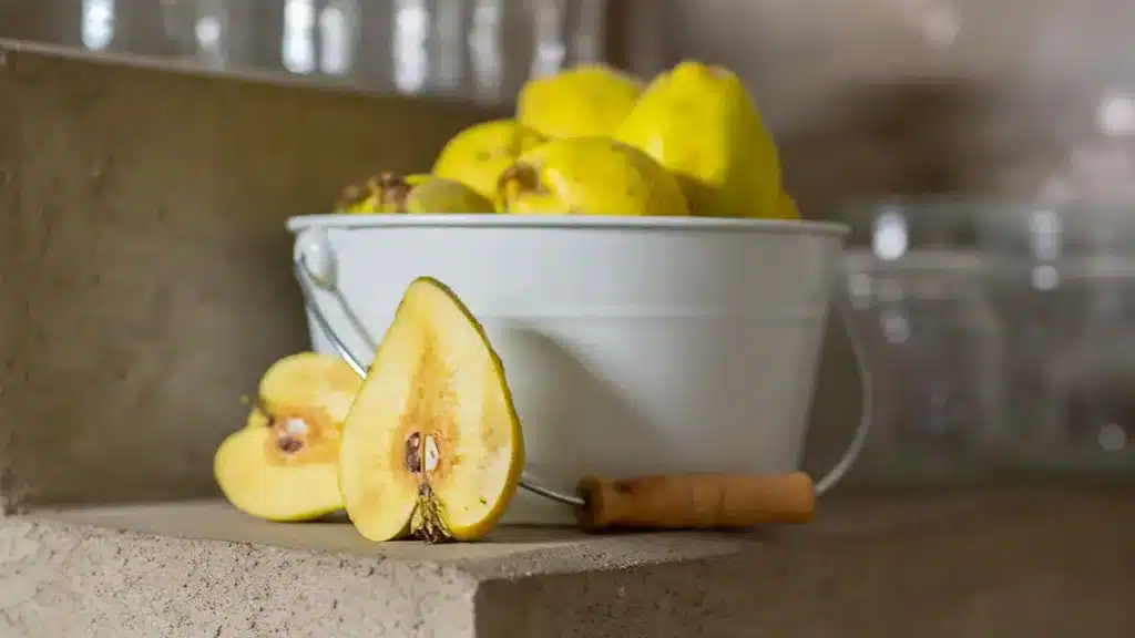 Frische Quitten in einer Schale mit geöffneten Früchten und sichtbaren Kernen – Symbol für die natürliche Heilkraft der Quitten im Herbst