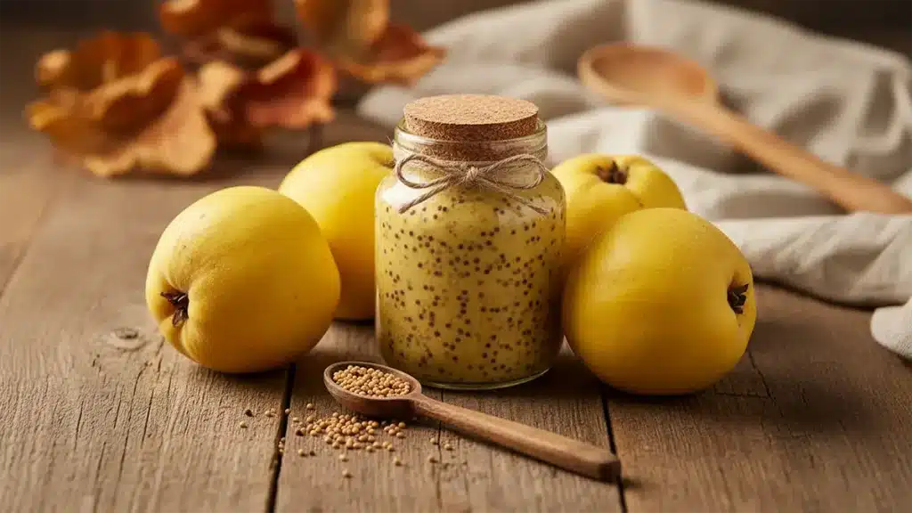 Ein Glas goldgelber, selbstgemachter Quittensenf steht auf einem Holztisch, umgeben von reifen Quitten, Senfkörnern und herbstlichen Blättern – natürliches Herbstlicht, warme Stimmung.