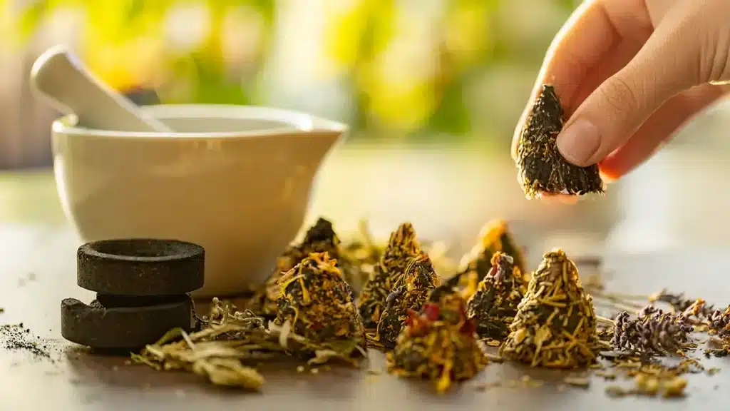 Hand formt einen Räucherkegel aus getrockneten Kräutern, daneben stehen fertige Räucherkegel und ein Mörser – Schritt der DIY-Anleitung für die Rauhnächte.