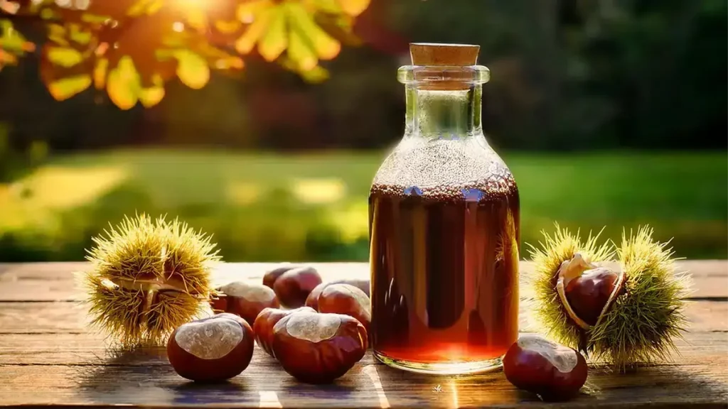 Herbstliche Kastanien und Glasflasche mit selbstgemachtem Kastanien-Waschmittel auf Holztisch im Sonnenlicht