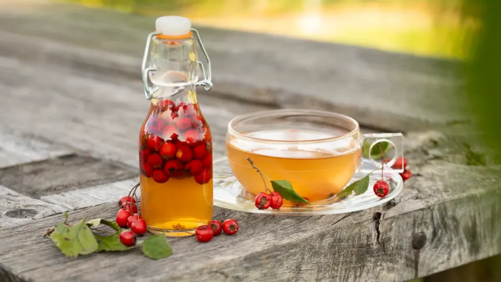 Weißdorn-Rezepte im Herbst: selbstgemachter Essig und Tee mit frischen roten Beeren