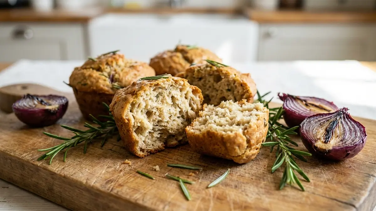 Herzhafte Rosmarin-Zwiebel-Muffins auf einem Holzbrett, frisch gebacken, mit roten Zwiebeln und Rosmarinzweigen