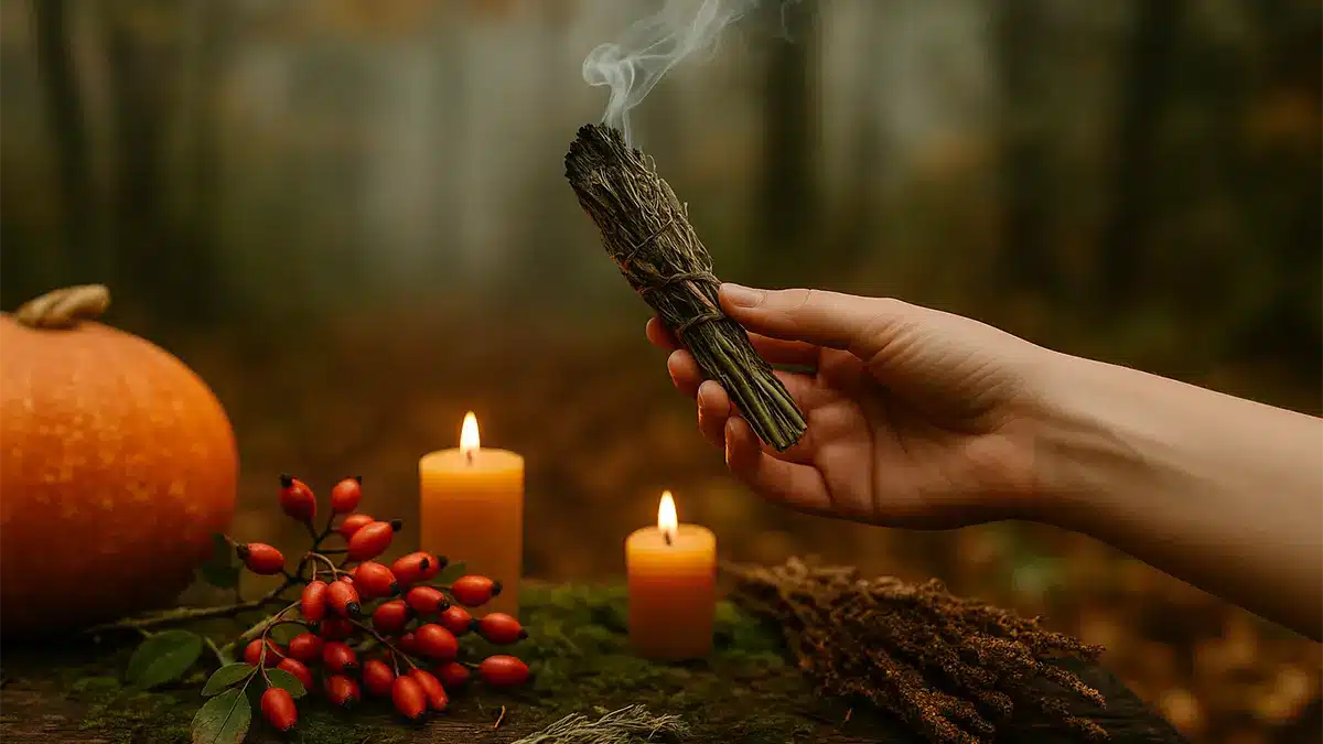Räucherbündel in der Hand mit Hagebutten und Kerzen auf einem herbstlichen Tisch – Samhain Ritual mit heimischen Kräutern