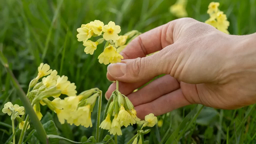 Schlüsselblumen im März erkennen – echte Schlüsselblume mit gelben Blüten und orangenen Punkten wird gepflückt