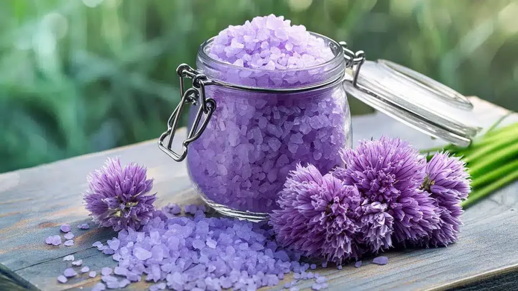 Violettes Schnittlauchblütensalz im Glas mit frischen Schnittlauchblüten im Mai