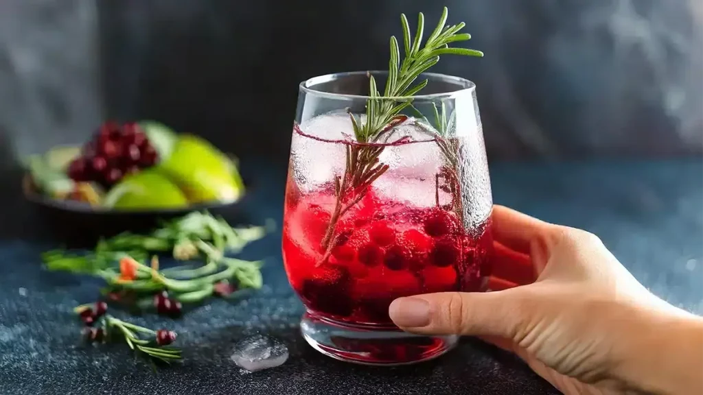 Natürliches Silvestergetränk mit Wildkräutern im Glas, winterliche Stimmung, bewusster Jahreswechsel