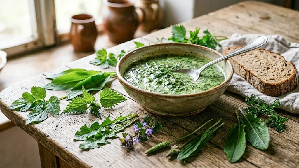 Traditionelle 9-Kräuter-Suppe zu Gründonnerstag mit frischen Wildkräutern wie Bärlauch, Brennnessel und Giersch auf Holztisch angerichtet