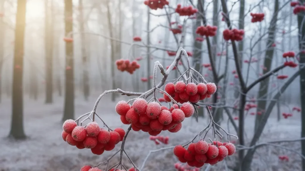 Rote Vogelbeeren an frostigen Zweigen im winterlichen Wald bei weichem Morgenlicht.