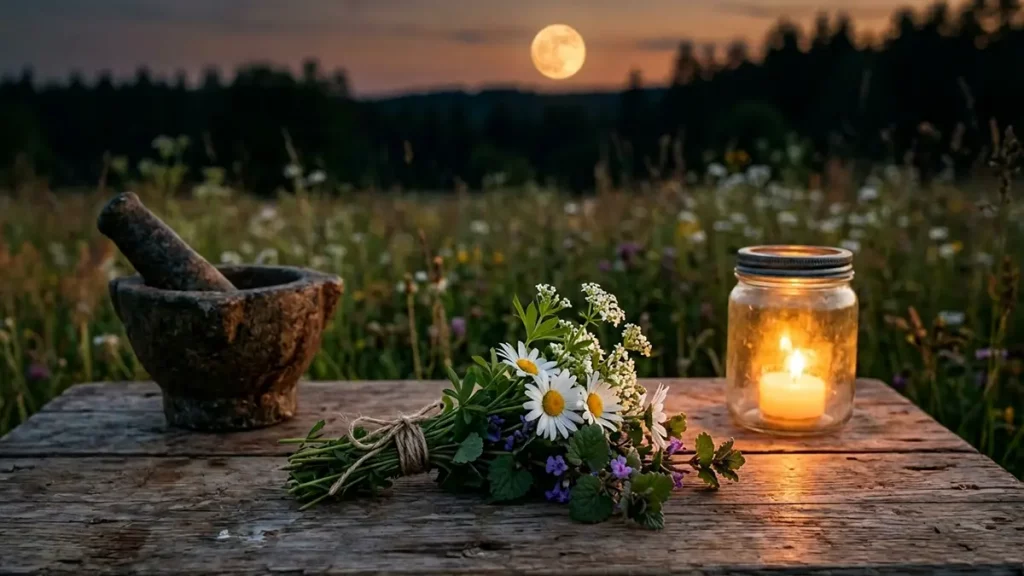 Walpurgisnacht am 30. April: Wildkräuter wie Gänseblümchen, Waldmeister und Gundermann bei Kerzenschein im Mondlicht